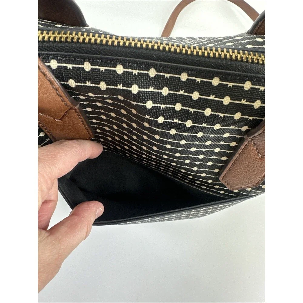 Fossil Fiona Satchel Black White Key Logo Faux Leather Crossbody Double Handle